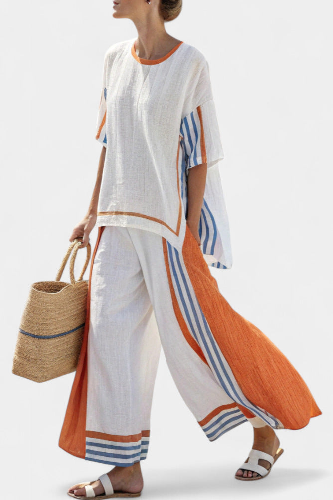 Women European Boho Striped Plus Size Loose Kaftan Beach Vacation Set
