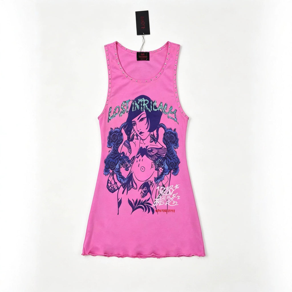 Lost Intricacy Graphic Rivet Sleeveless Tank Bodycon Mini Dress Women