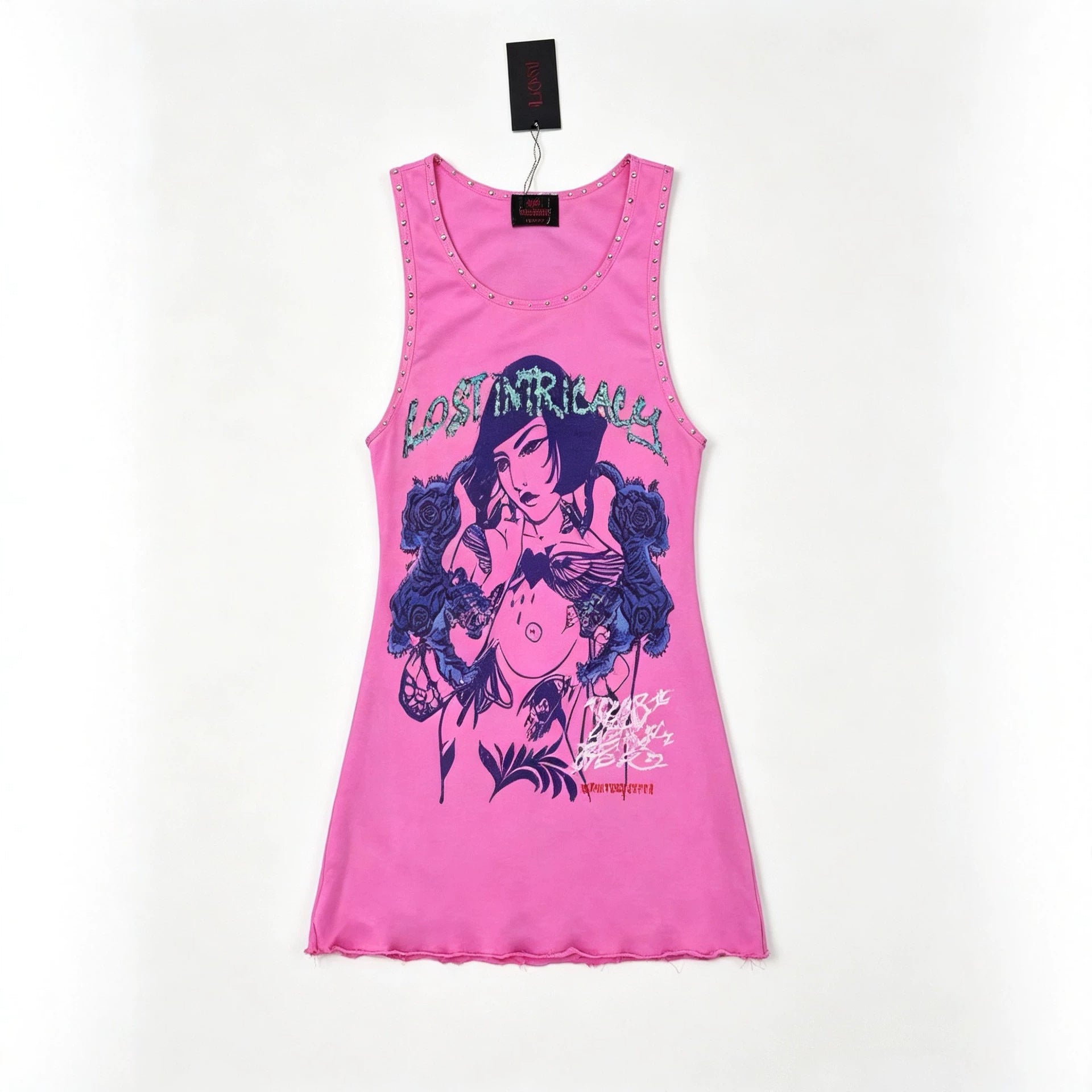 Lost Intricacy Graphic Rivet Sleeveless Tank Bodycon Mini Dress Women