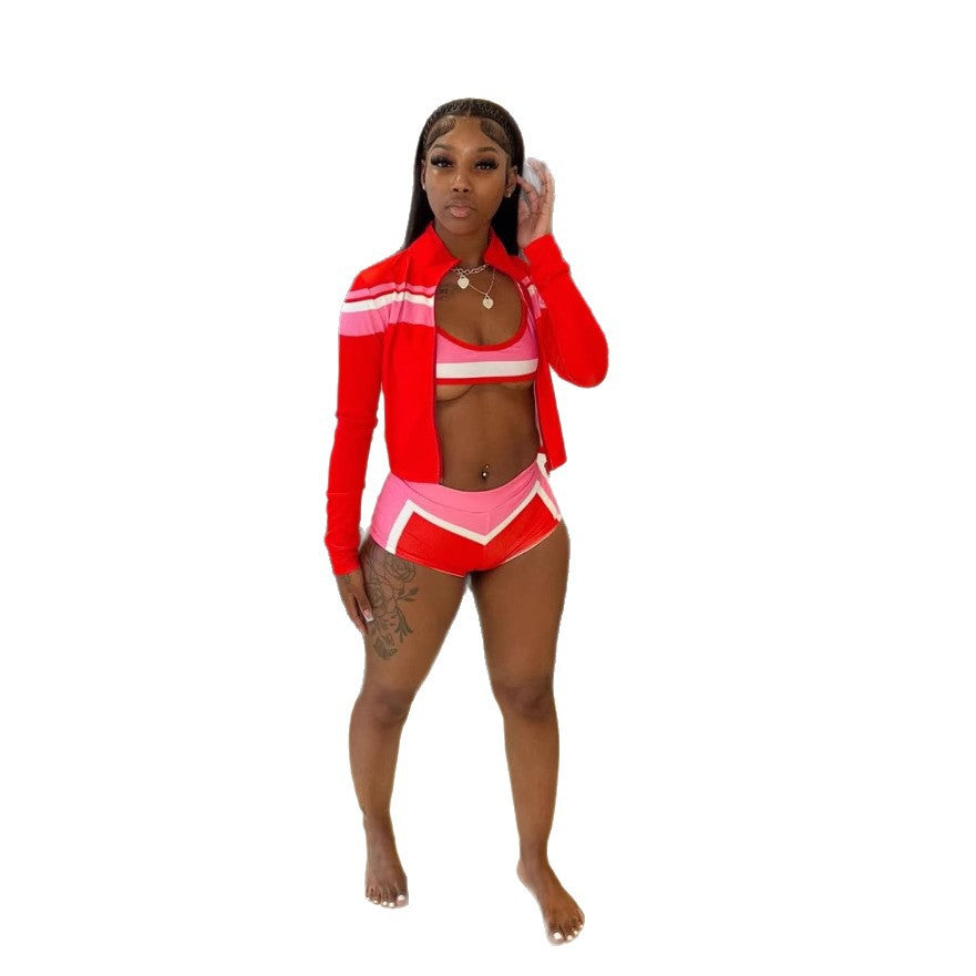 Y2K Color Block Zip Crop Jacket Bikini Short 3 Piece Set
