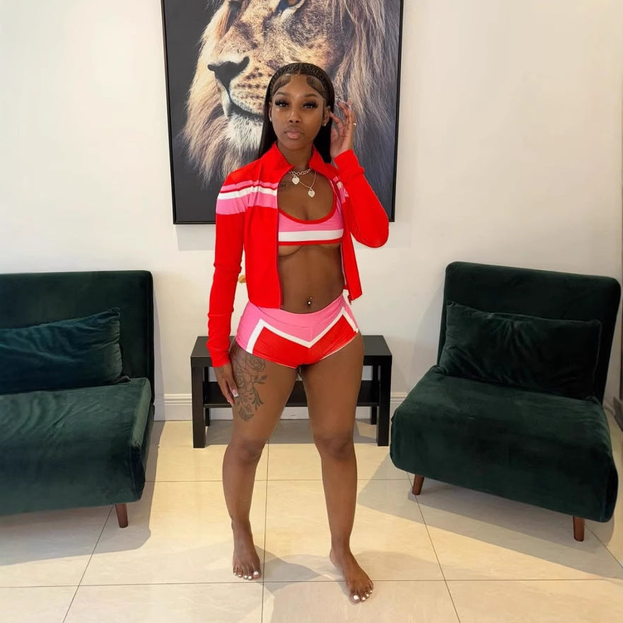 Y2K Color Block Zip Crop Jacket Bikini Short 3 Piece Set