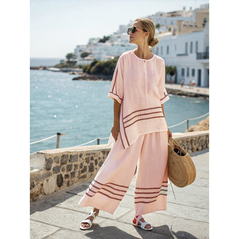 Women Boho Striped Plus Size Loose Kaftan Beach Set