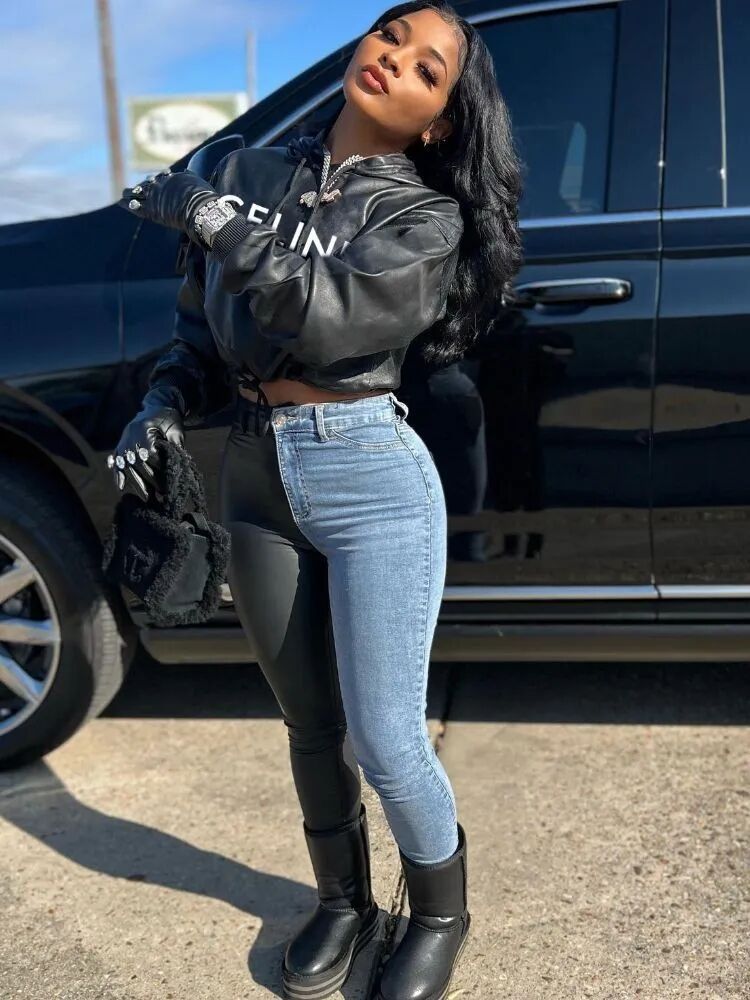 Letter Print PU Leather Cropped Hoodie Women