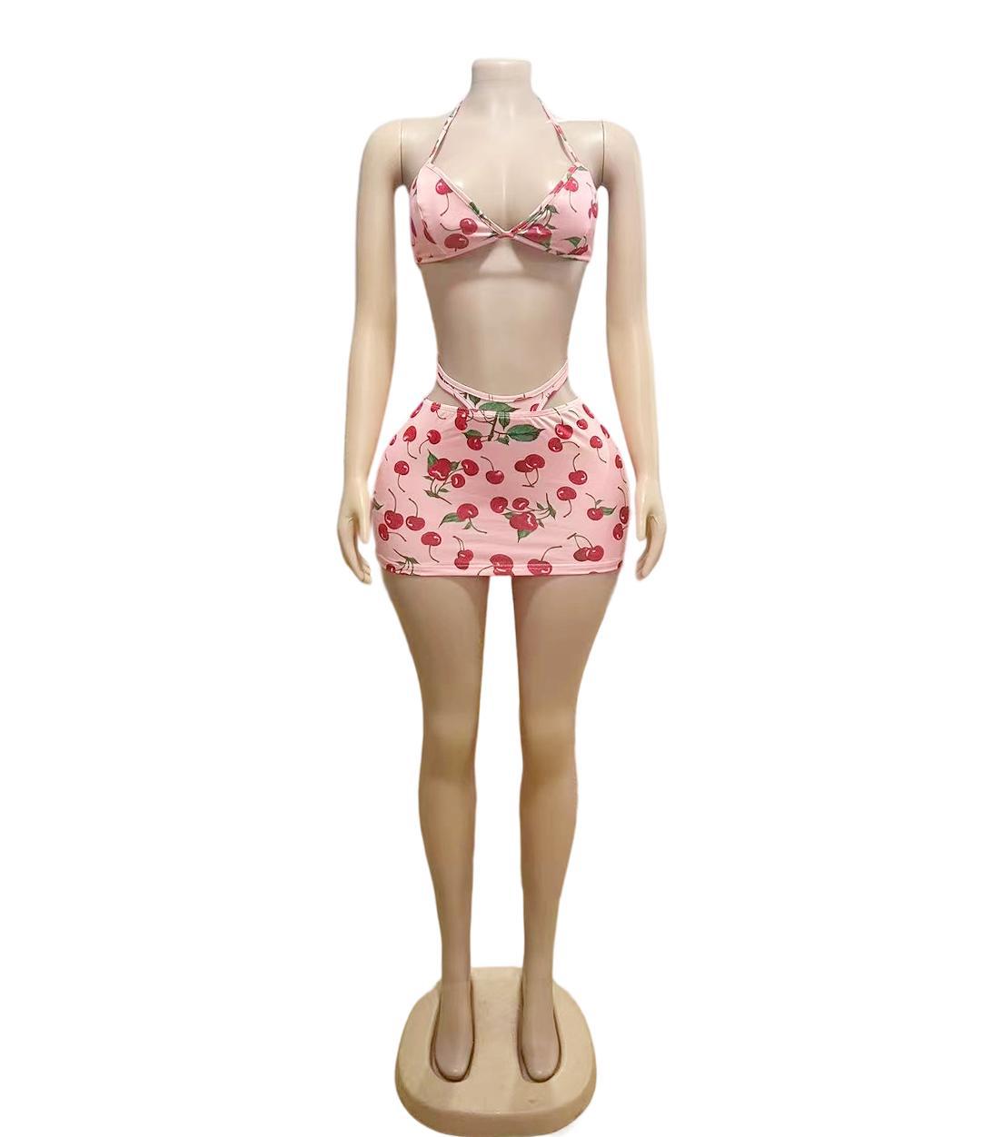 Cherry Print Spaghetti Strap Top Mini Skirt 2 Piece Set Women