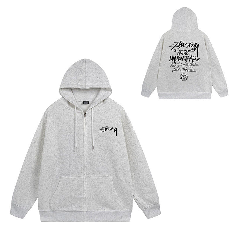 Stussy Graphic Zip Up Hoodie Letter Streetwear Casual Pullover Jacket