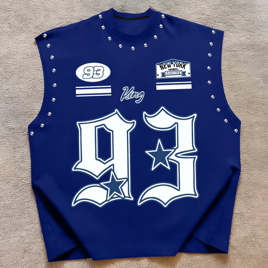 Vintage Letter Number Graphic Rivet Sleeveless Loose Vest Top Women