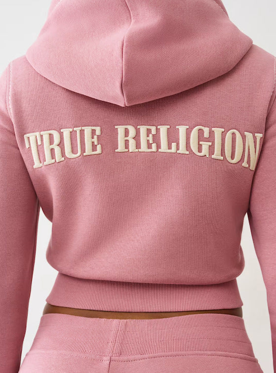 Y2K True Religion Contrast Stitch Embroidery Crop Hoodie 2 Piece Set
