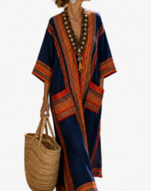 Women Boho Striped Embroidery V Neck Loose Kaftan Maxi Beach Dress