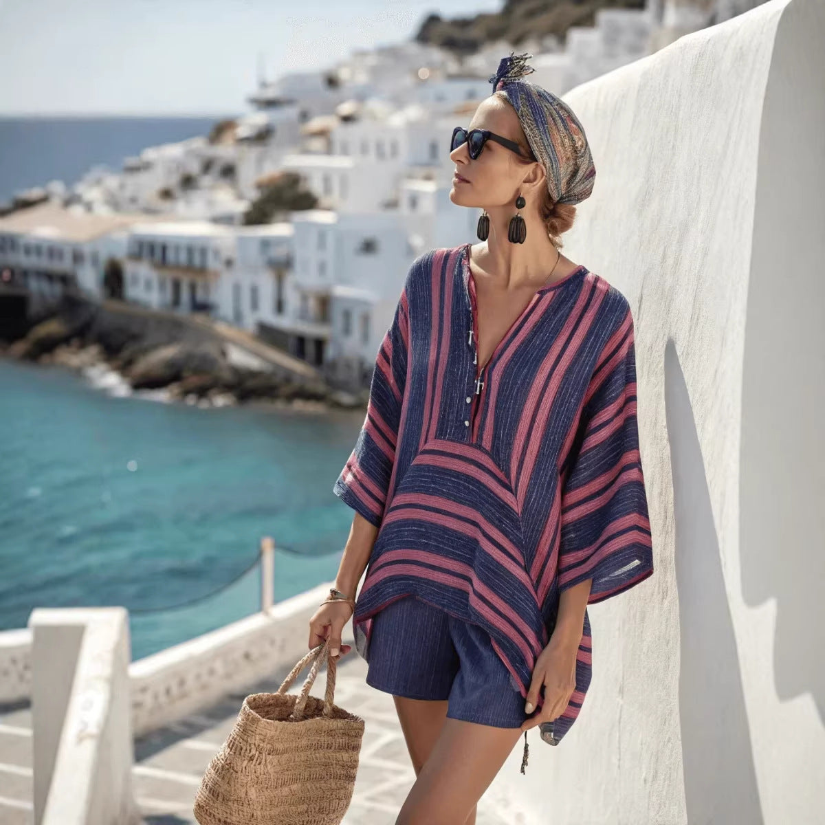 Women Boho Vertical Striped Linen V Neck Loose Kaftan Beach Vacation Set