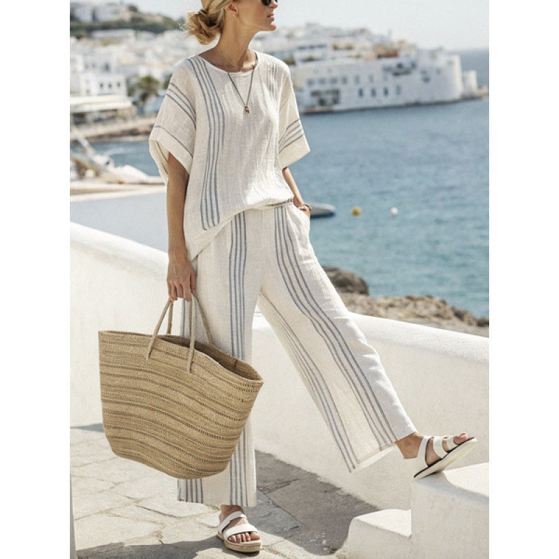 Women Boho Striped Plus Size Loose Kaftan Beach Set