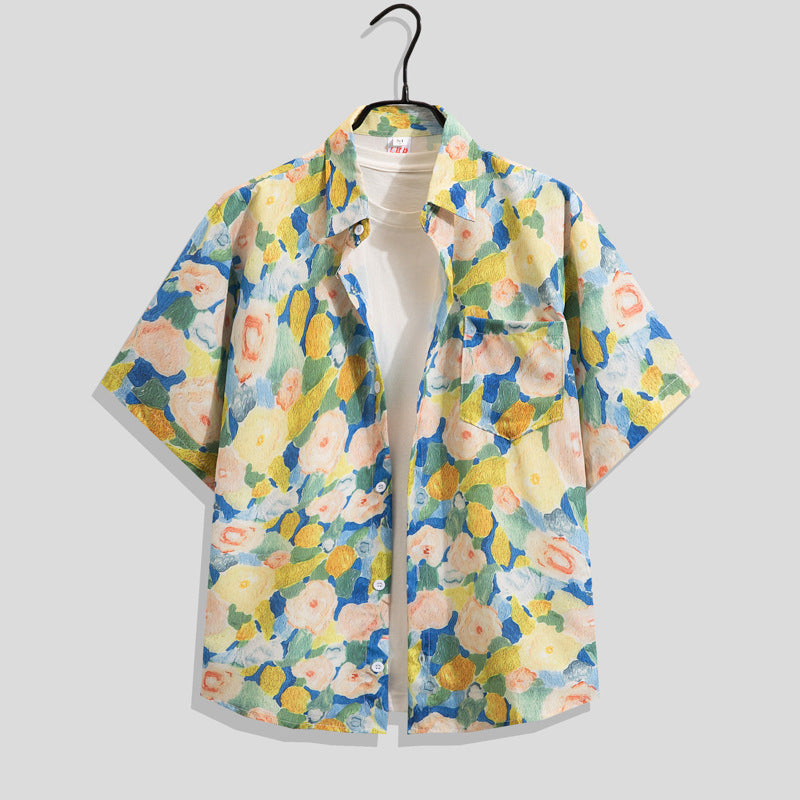 Ice Silk Quick Dry Couple Floral Loose Beach Shirt Shorts Set T3601-T3630