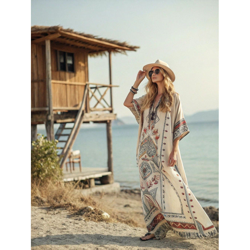 Women Boho Floral Border Print V Neck Loose Kaftan Maxi Beach Dress