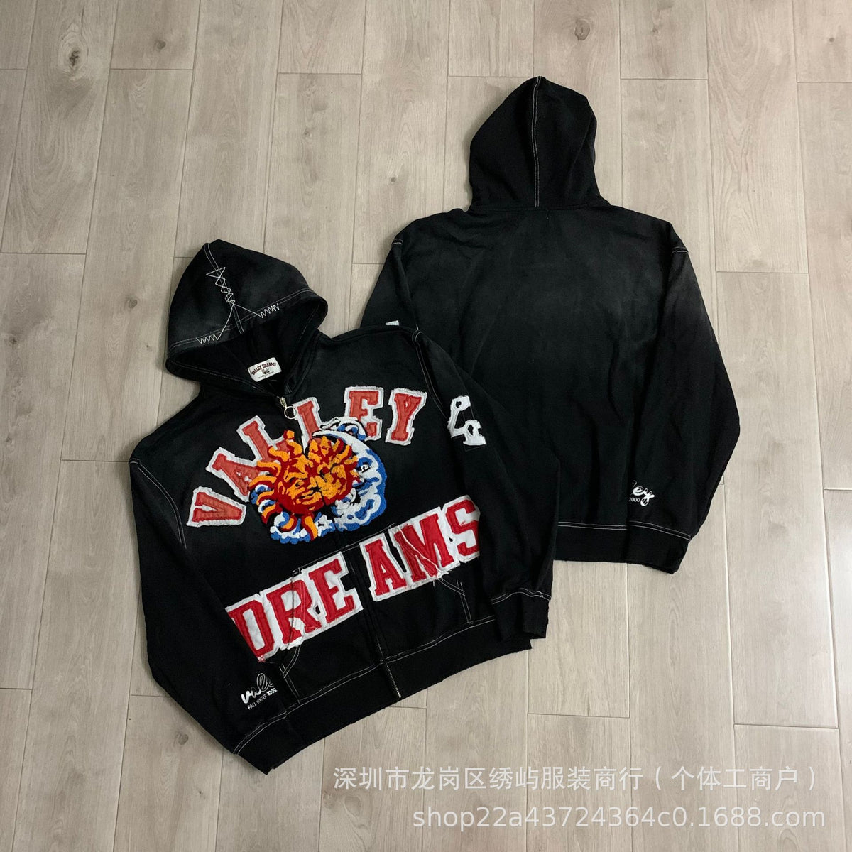Valley Dreams Graphic Zip Up Hoodie Rhinestone Vintage Street Jacket