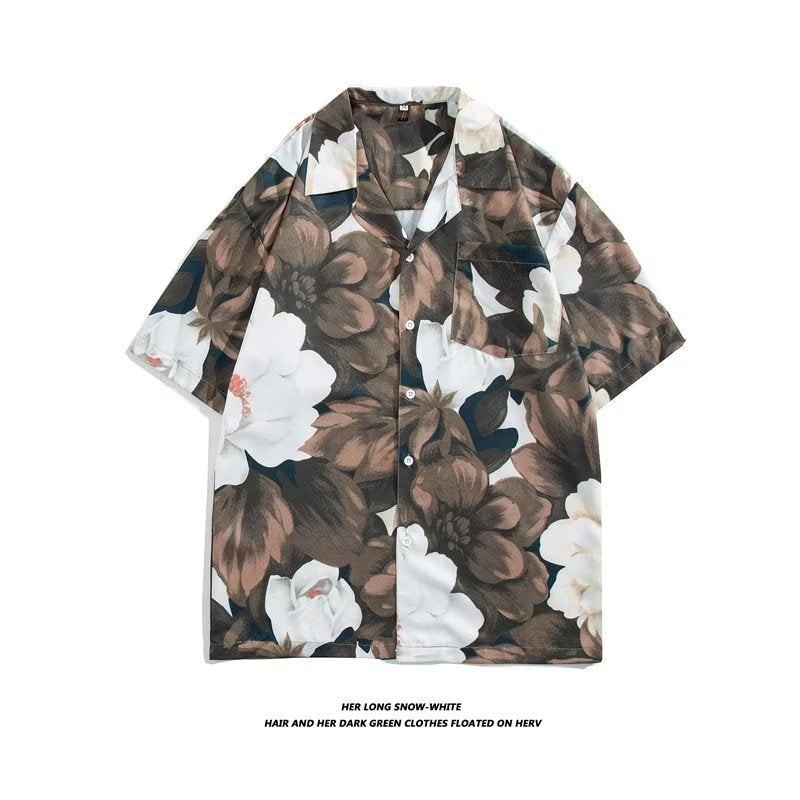 Unisex Vintage Camp Collar Tropical Floral Loose Beach Vacation Shirt 1301-1341