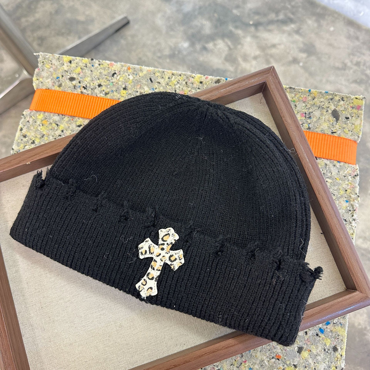 Leopard Cross Distressed Knit Beanie Cuffed Winter Hat Multi‑Style