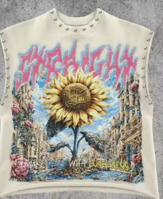 Vintage Multi Graphic Rivet Sleeveless Crop Tank Top