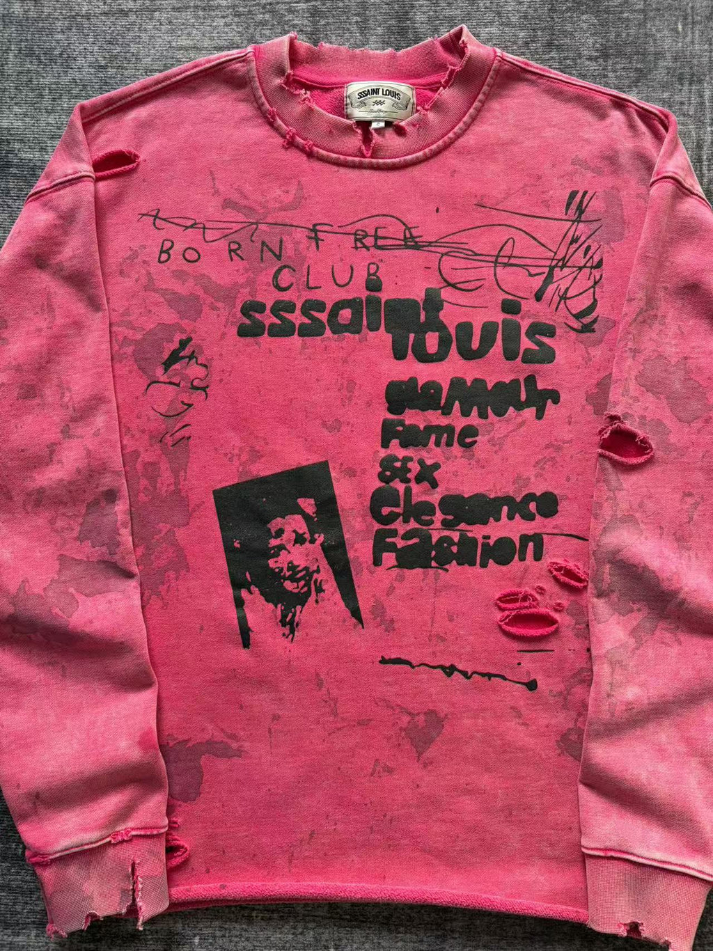 SSSAINT LOUIS Born Free Club Washed Distressed Crewneck Sweatshirt