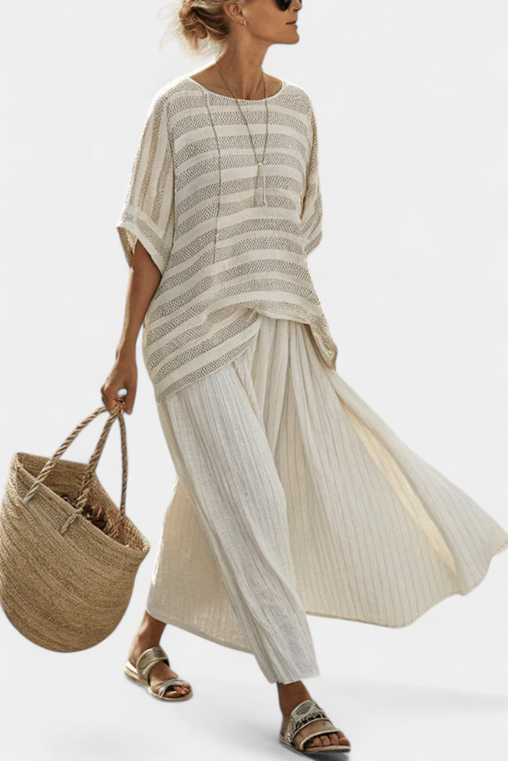Women European Boho Striped Plus Size Loose Kaftan Beach Vacation Set