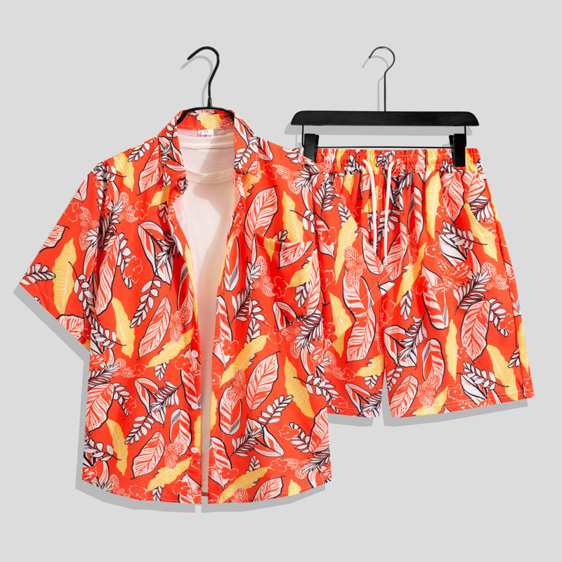 Ice Silk Quick Dry Couple Floral Loose Beach Shirt Shorts Set T3601-T3630