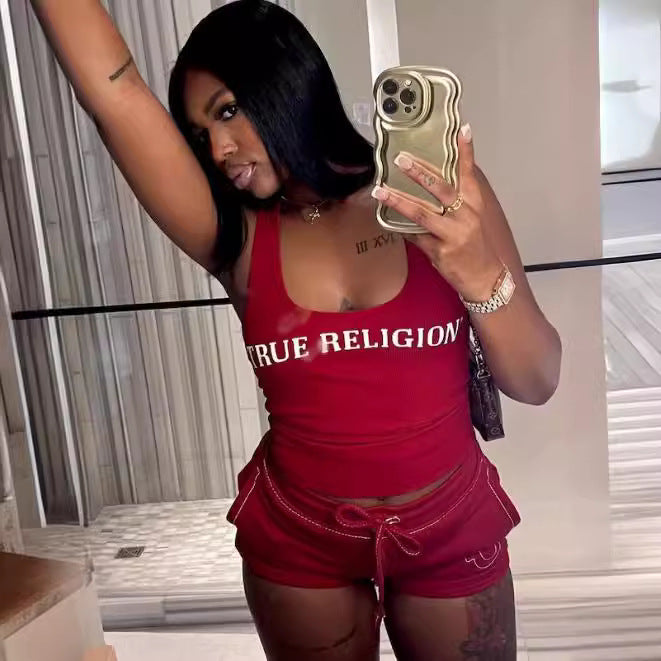 True Religion Letter Print Tank Top Shorts 2 Piece Set Women Casual Outfit