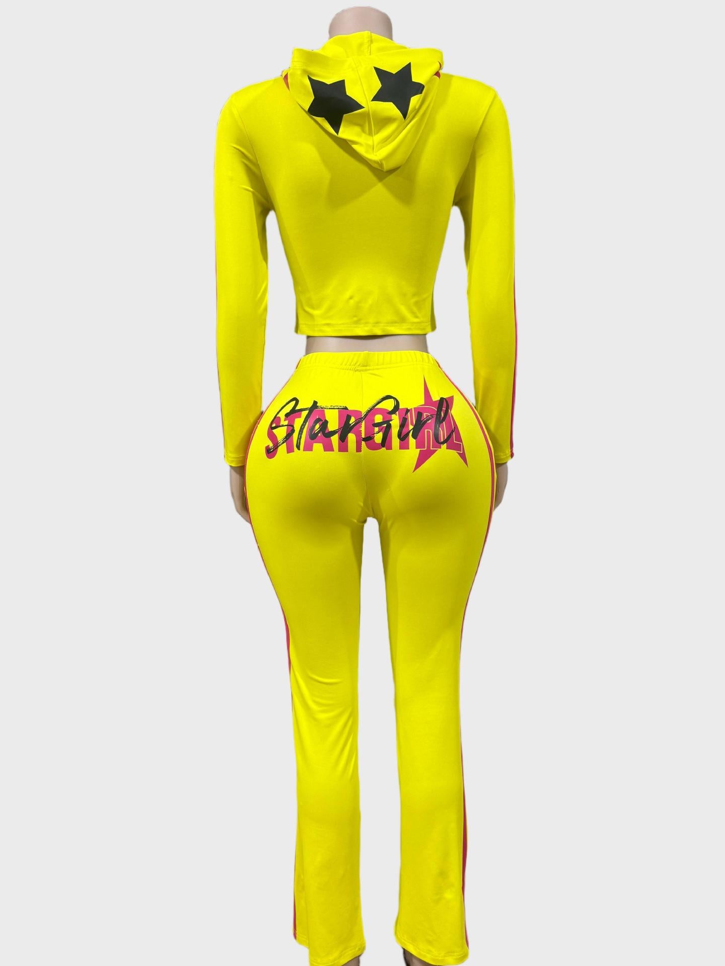 StarGirl Print Zip Up Hooded Crop Top Flare Pants 2 Piece Tracksuit Women