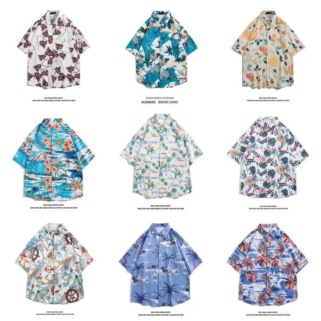 Mens Vintage Cartoon Tropical Print Short Sleeve Beach Shirt