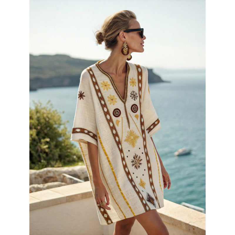 Women Boho Striped V Neck Loose Kaftan Midi Beach Dress