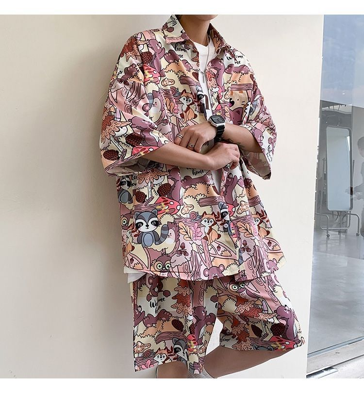 Couple Quick Dry Floral Loose Tropical Beach Shirt Shorts Set
