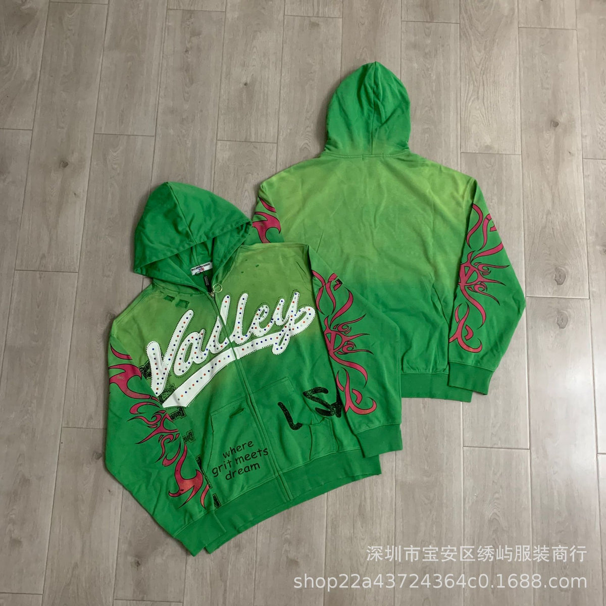 Valley Dreams Graphic Zip Up Hoodie Rhinestone Vintage Street Jacket