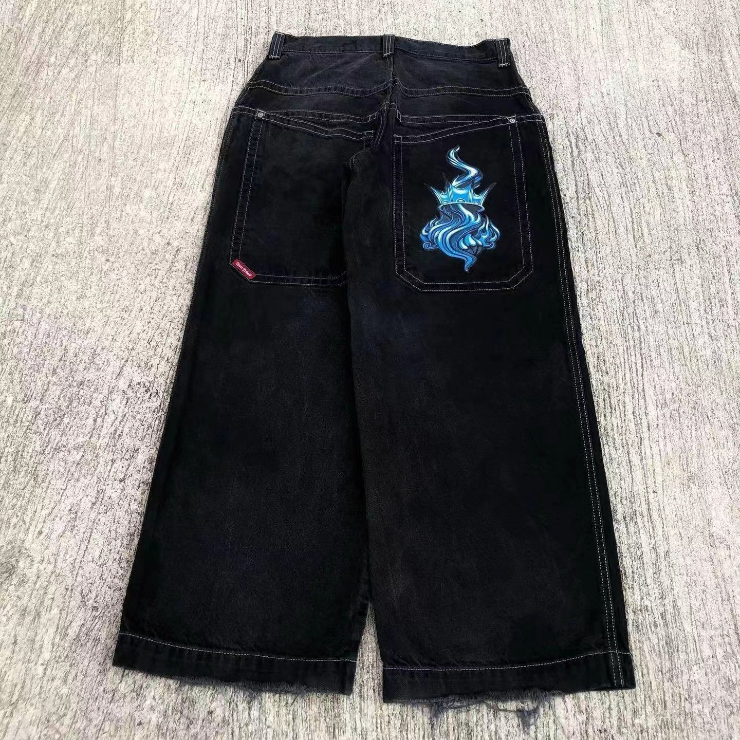 JNCO Style Y2K Baggy Jeans Drachen- & Poker-Stickerei Streetwear Denim-Hose