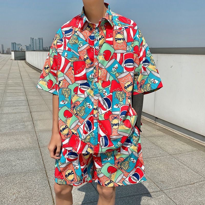 Couple Quick Dry Floral Loose Tropical Beach Shirt Shorts Set