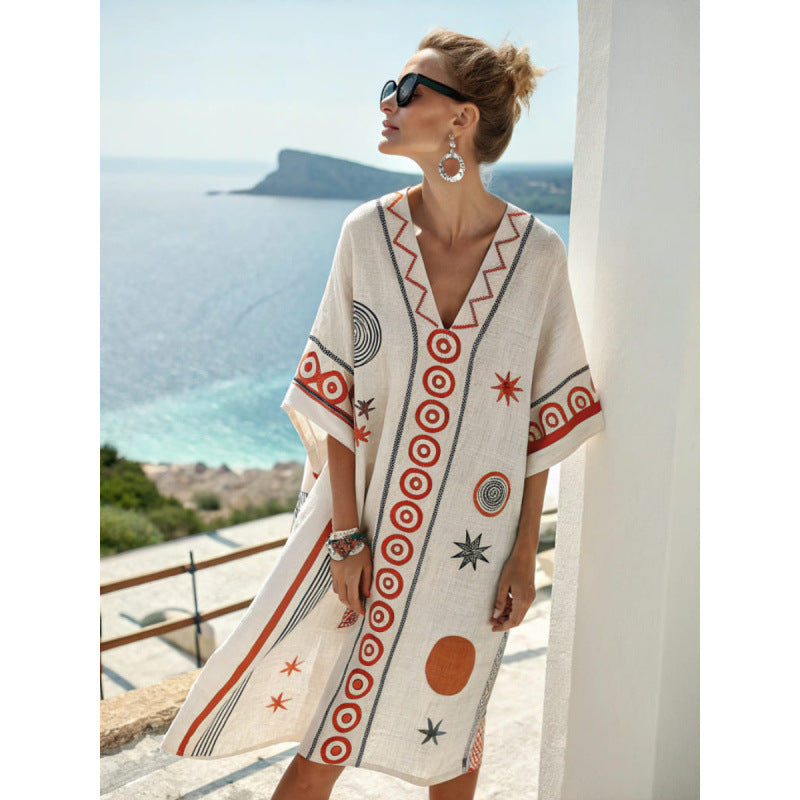 Women Boho Striped V Neck Loose Kaftan Midi Beach Dress
