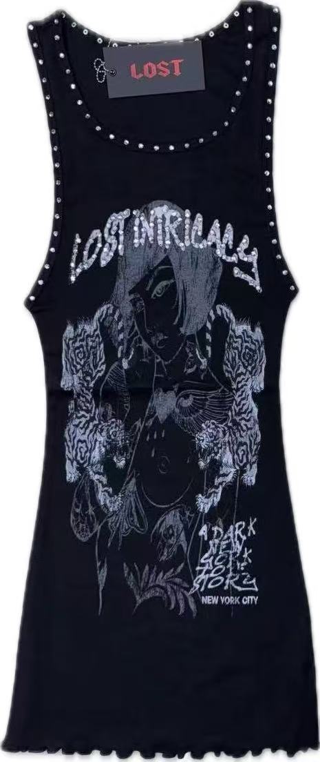 Lost Intricacy Graphic Rivet Tank Bodycon Mini Dress Women