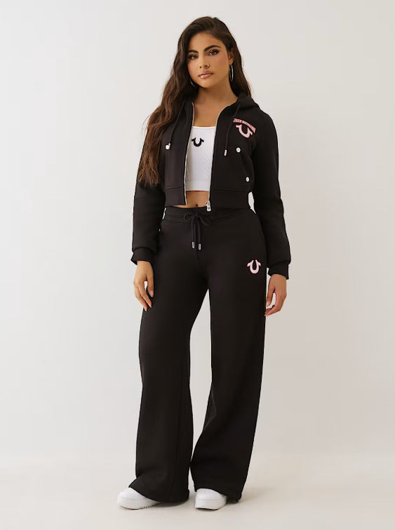 Y2K True Religion Horseshoe Logo Zip Crop Hoodie Straight Jogger 2 Piece Set