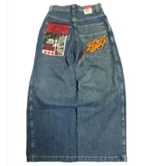 JNCO Style Y2K Baggy Jeans Drachen- & Poker-Stickerei Streetwear Denim-Hose