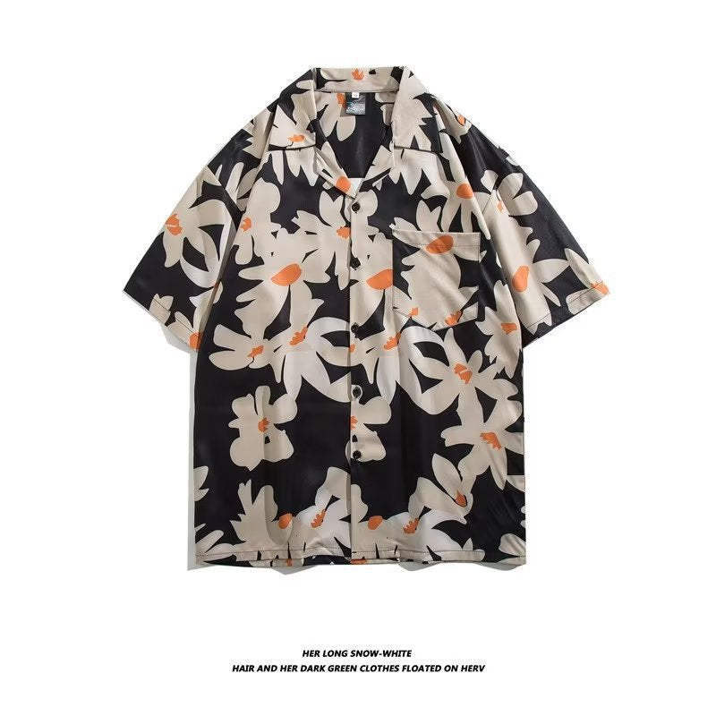 Unisex Vintage Camp Collar Tropical Floral Loose Beach Vacation Shirt 1301-1341