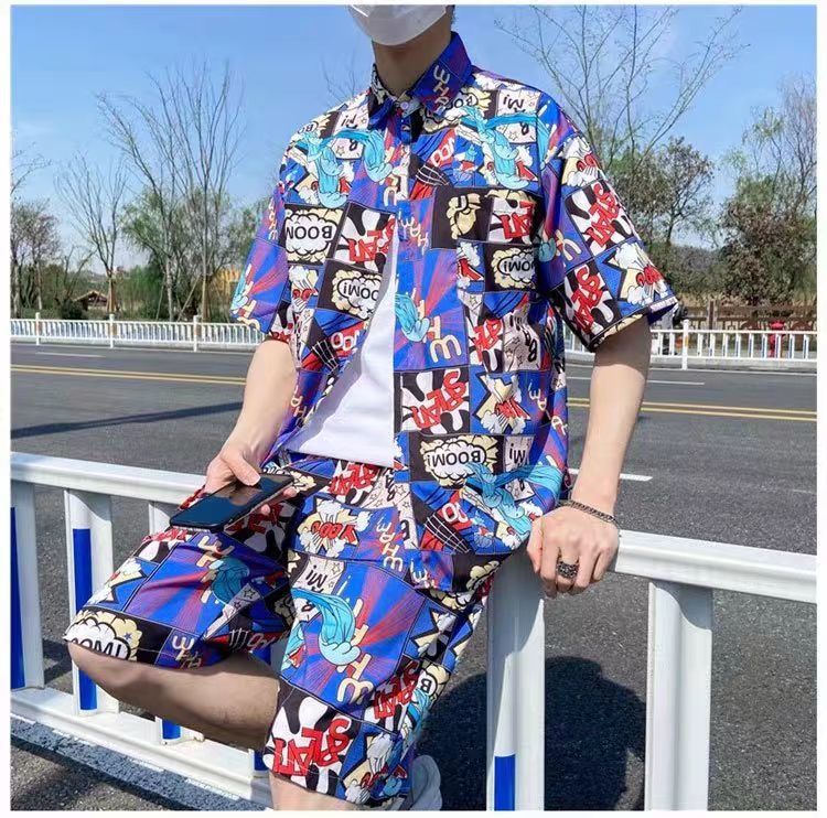 Couple Quick Dry Floral Loose Tropical Beach Shirt Shorts Set