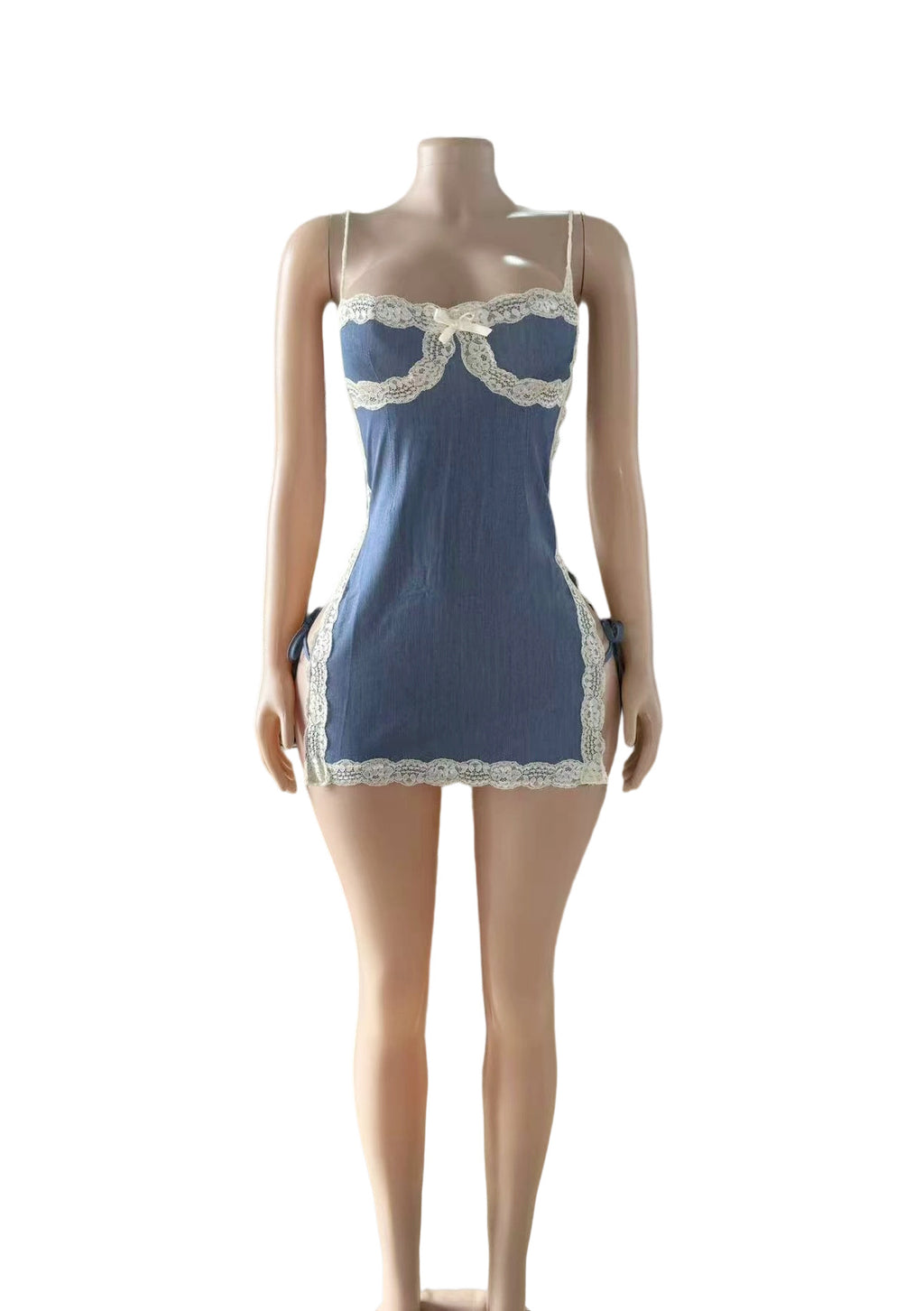 Lace Trim Spaghetti Strap Denim Bodycon Mini Dress Women
