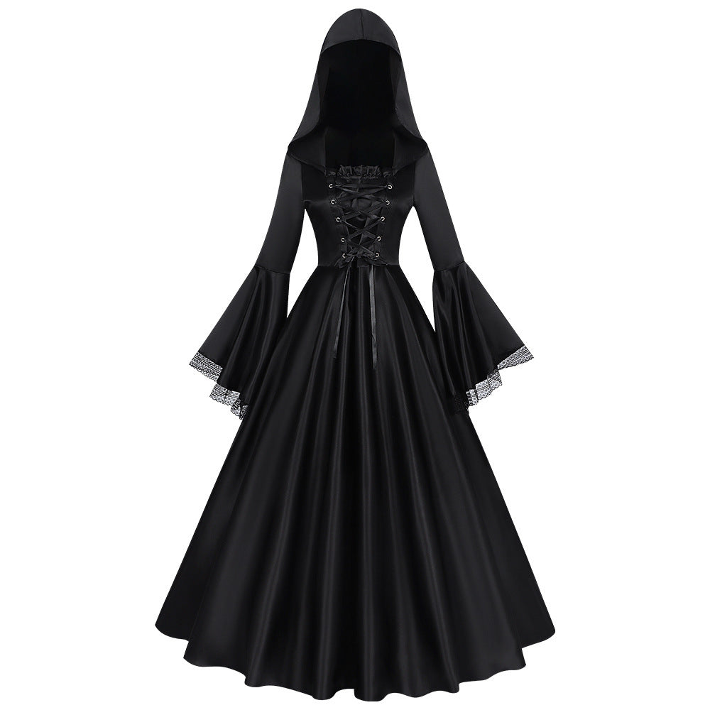 Halloween Women Medieval Gothic Hooded Witch Cosplay Long Dress