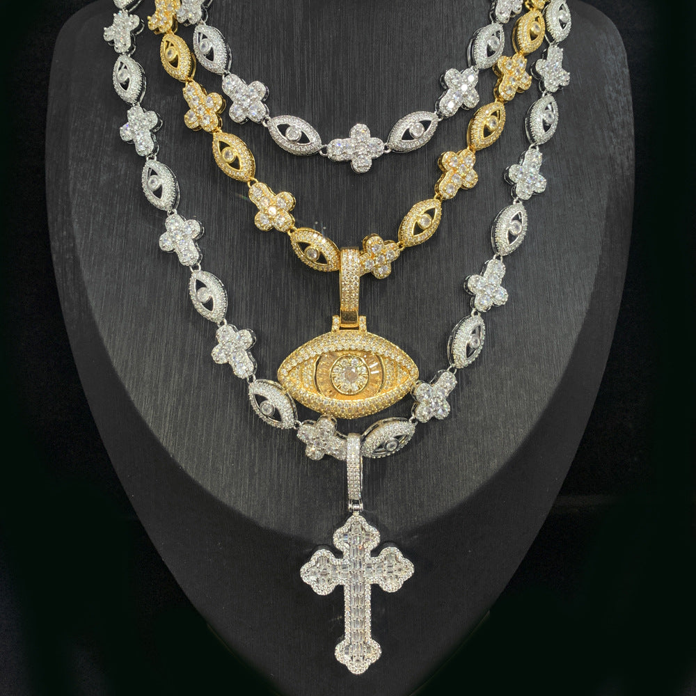 Iced Evil Eye Cross Pendant Hip Hop Chain Necklace