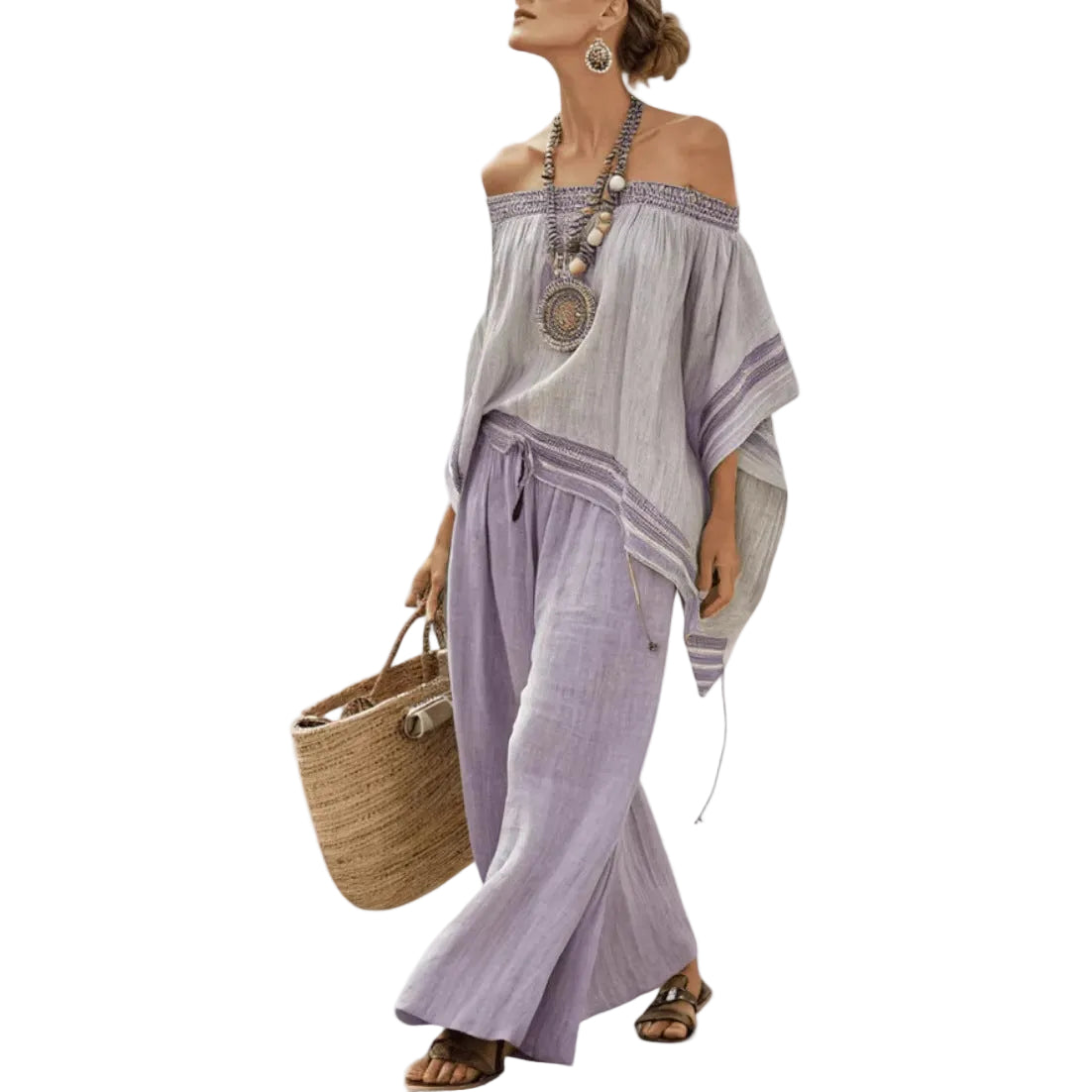 Women European Boho Striped Plus Size Loose Kaftan Beach Vacation Set