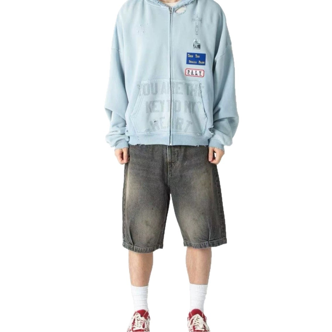 Paly Hollywood Distressed Patch Graphic Zip Hoodie Vintage Jacket