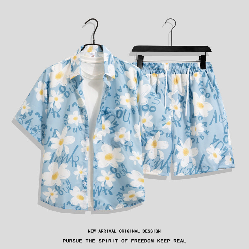 Ice Silk Quick Dry Couple Floral Loose Beach Shirt Shorts Set T3601-T3630