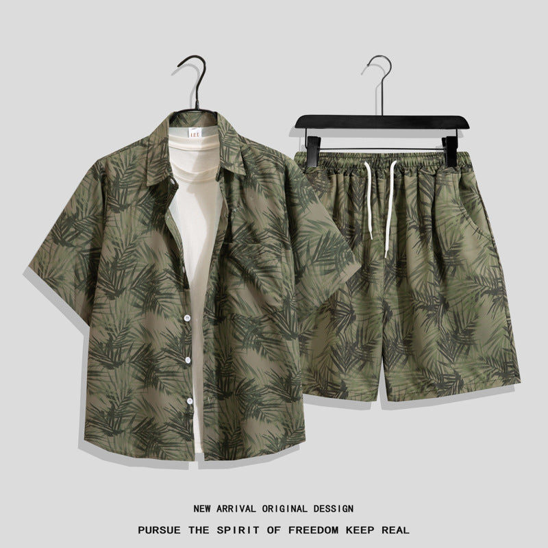 Ice Silk Quick Dry Couple Floral Loose Beach Shirt Shorts Set T3601-T3630