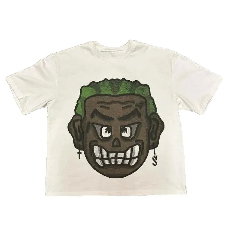Merlin Worldwide Style Y2K Cartoon Portrait Oversized Vintage Baumwoll-T-Shirt