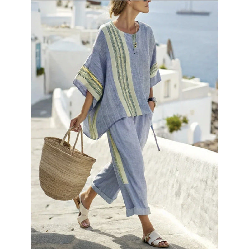 Women Boho Striped Plus Size Loose Kaftan Beach Set