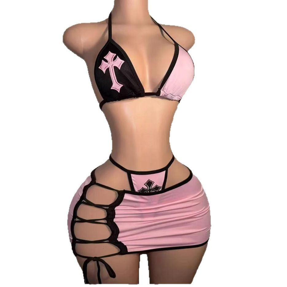 Y2K Cross Patch Halter Bikini Lace Up Mini Skirt 3 Piece Set