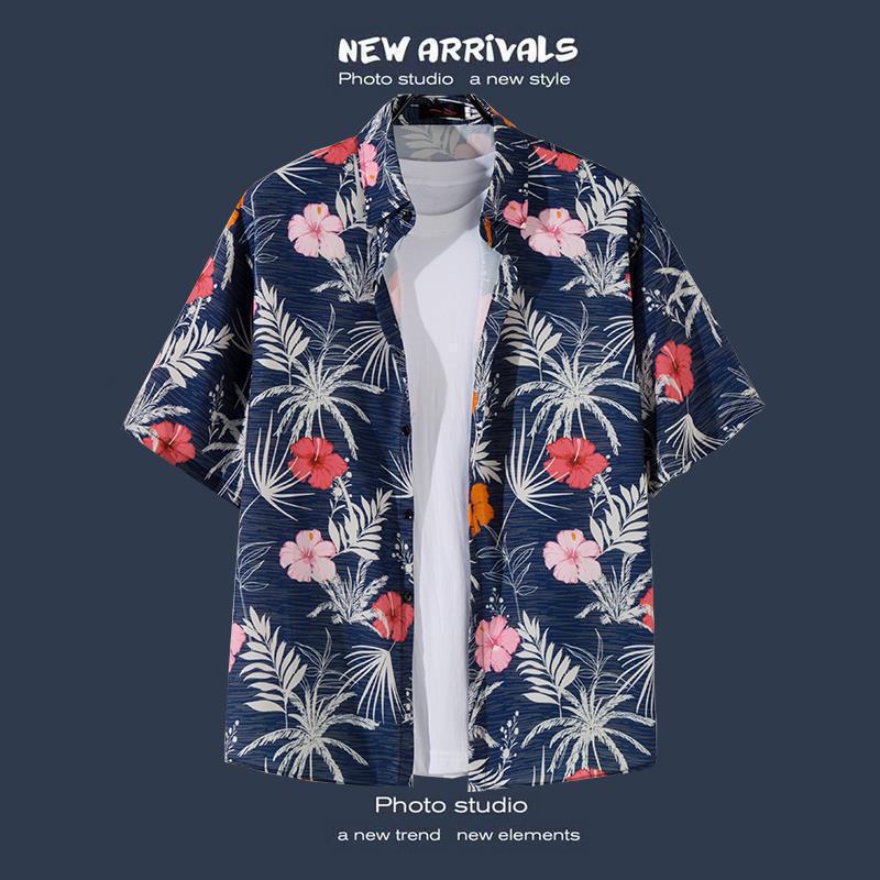 Mens Vintage Tropical Hawaiian Floral Loose Short Sleeve Beach Shirt