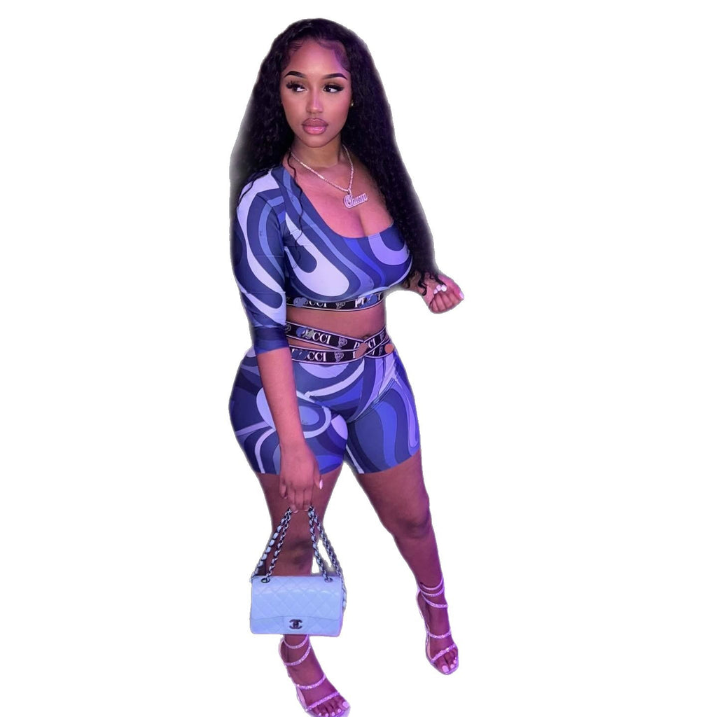 Emilio Pucci Swirl Print Crop Top Biker Shorts 2 Piece Set Women