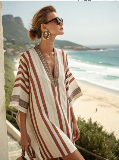 Women Boho Striped V Neck Loose Kaftan Midi Beach Dress
